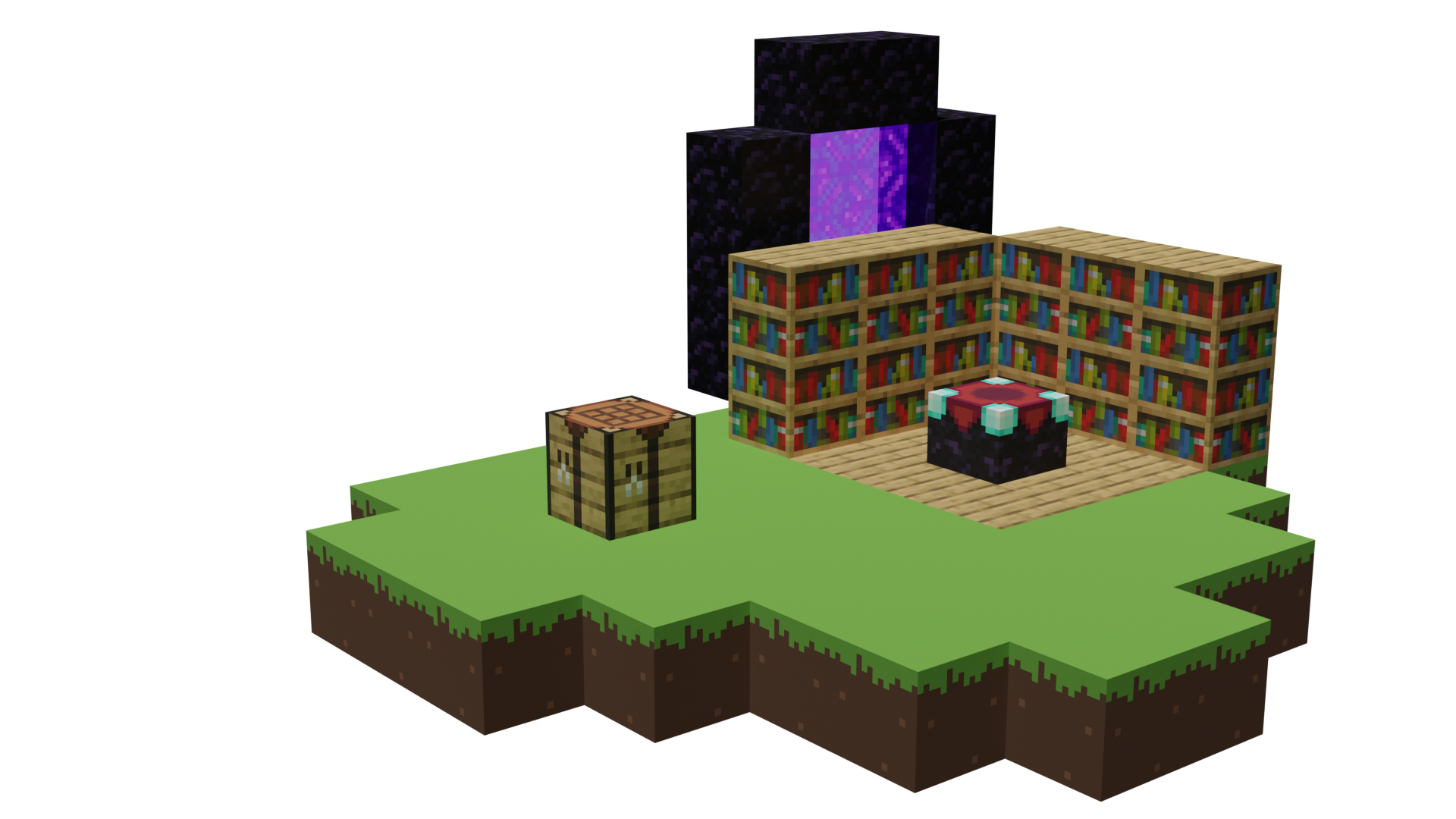 Image représentant des éléments mythiques de minecraft : table de craft, table d'enchantement, portail du nether.